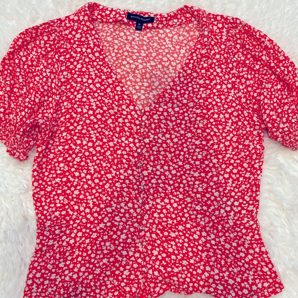 Banana Republic Blouse Womens m Short Puff Sleeve Button Up V Neck Floral Red